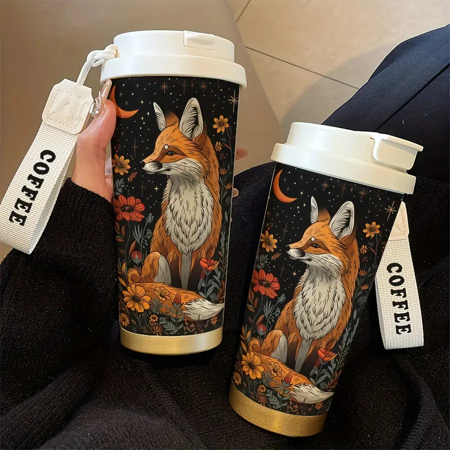 18oz Stainless Steel Insulated Tumbler Flask - Night Fox Print, 500-1000ml, Leak-Proof, Portable, Stylish Kitchenware Drinkware for Hot & Cold Beverages (Home, Office Use)