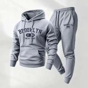 Men's 2-Piece Brooklyn Letter Pattern Minimalist Tracksuit - Soft Polyester Fabric, Breathable Casual Athletic Hoodie & Drawstring Sweatpants for Fall Winter Daily Wear