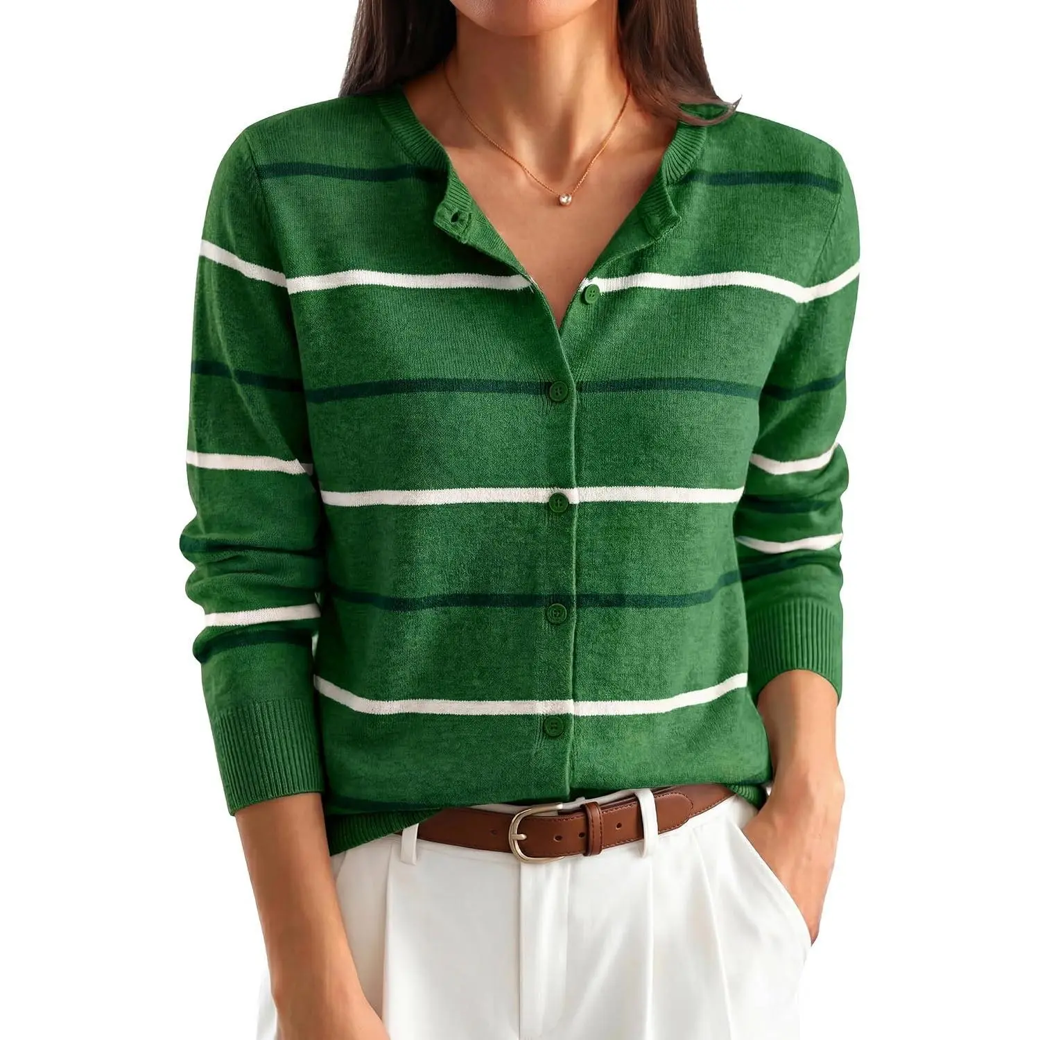 ANRABESS Womens Button Down Lightweight Cardigan Sweaters | Crew Neck Long Sleeve Tops, Striped & Solid Design, Business Casual Work Office Travel, Spring Fall Clothing