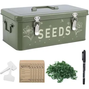 Seed Storage Organizer with Lid, Metal Seed Bin Seed Packet Container with 100  Labels 50 Seed Envelopes 50  Clips 1 Marker Pen, 4 Compartments Box with Locks