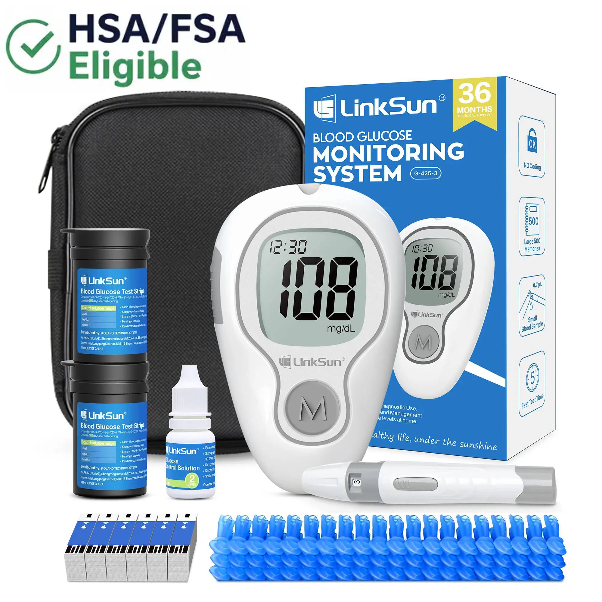 LINKSUN G-425-3 No Coding Blood Glucose Monitor Kit - 500 Memory, mmol/L Results, Control Solution, Lancing Device, Optional 100/50 Test Strips & 100/50 Lancets Healthcare Accessories,homeessentials travelessentials sohochic HSA/FSA Eligible