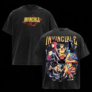 Invincible Acid Washed Graphic T-Shirt Mark Grayson Multiverse Comics Print Retro Distressed Heavyweight Cotton Oversized Grunge Streetwear Unisex Casual Short Sleeve Top Vintage Superhero Aesthetic Tee for Comic Fans Menswear Clothes