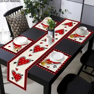 2D flat printing, set of 1 piece/4 pieces/6 pieces/5 pieces/7 pieces, Happy Valentine's Day heart-shaped red table flag placemat set, washable linen table flag placemat, heat-resistant table mat, kitchen table mat suitable for indoor and outdoor use