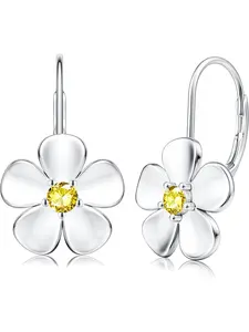 1 Pc 925 Sterling Silver Flower Hoop Earrings for Women 18K White Gold Plated Plumeria Flower Dangle Earrings Hypoallergenic Leverback Earrings for Sensitive Ears Valentine's Day Jewelry Gifts