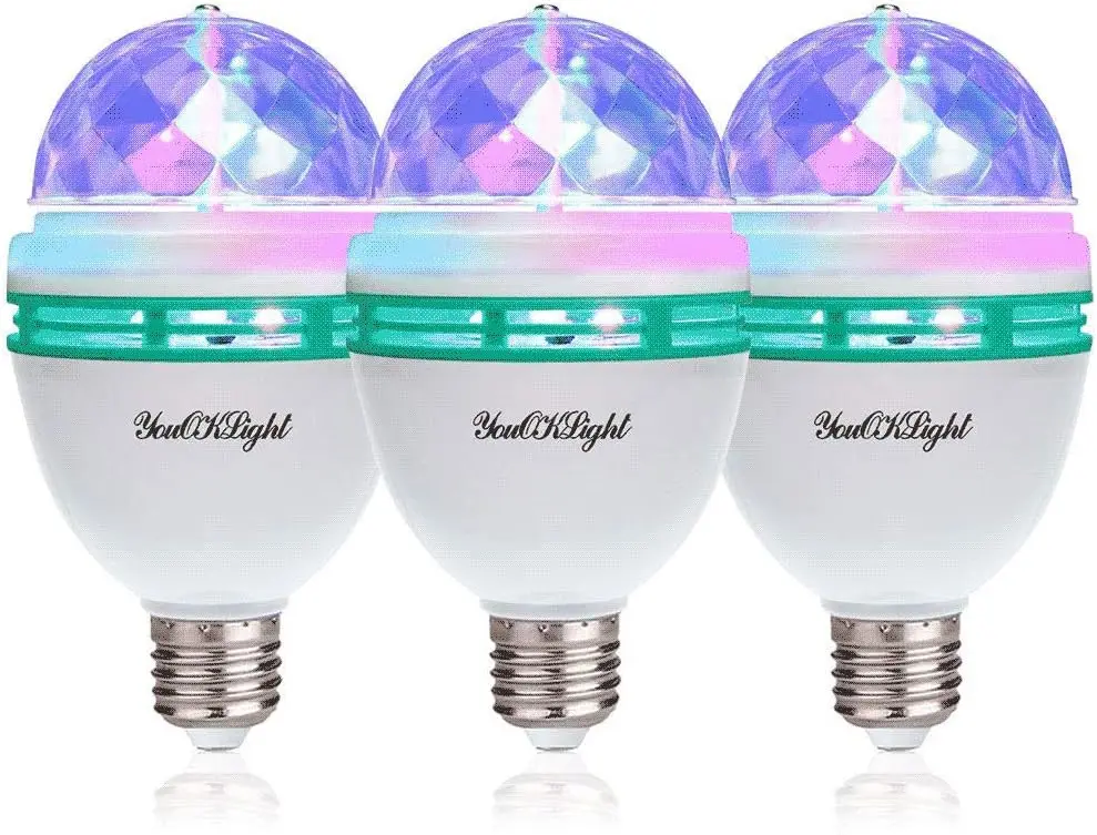 3-Pack E26 Base LED Light Bulbs - Full Color Auto-Control Rotating Strobe Bulbs for Halloween, Karaoke, DJ Events, Decorative Party Lighting for Adults