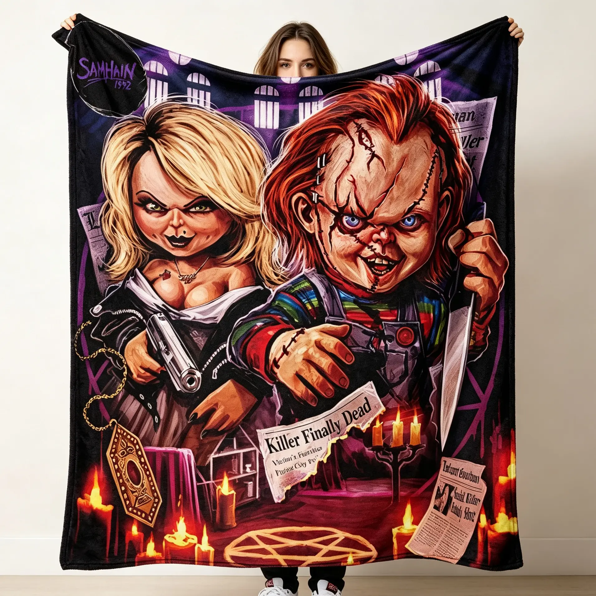 Vintage Horror Doll Chucky Graphic Throw Blanket | Spooky Slasher Movie Doll Decor for Halloween Bedrooms & Horror Fan Man Caves | Creepy Gift For Classic Horror Film Lovers & Scary Movie Marathon Fans