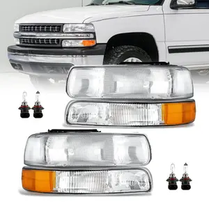 Headlights Assembly with Bulbs for 1999 2000 2001 2002 Chevy Silverado 1500 2500/2000-2002 Silverado 1500HD 2500HD 3500/2000-2006 Tahoe Suburban with Chrome Housing & Amber Reflector