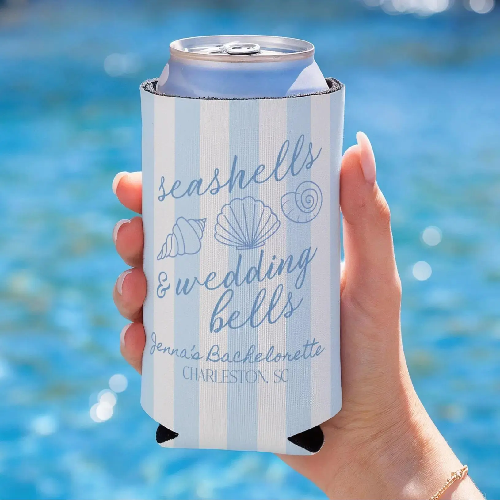 Seashells and Wedding Bells Can Cooler, Coastal Bachelorette Party Favor, Beach Bach Koozie, Custom Bachelorette Drink Sleeve
