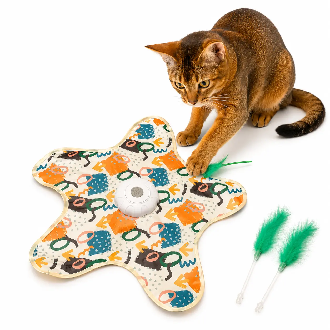 Automatic Cat Toy for Indoor Cats, Rechargeable Touch Activated Feather Chaser Play Mat with 3 Modes, 360 Degree Random Motion and Squeaky Sound, Includes 2 Extra Feather Refills, Multicolor