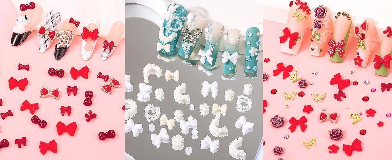 8000pcs 3D Nail Charms and Nail Gems, Cute Nail Rhinestones and Charms Y2K for Nails Nesign, Variety Butterfly Bow Moon Star Flower Junk Case Charms Gold Pearls Nail Jewels for Nail Art Decorations