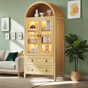 71" Tall Arched Kitchen Pantry, Pantry Cabinet, Kitchen Storage Cabinets with 2 Large Drawers & Adjustable Shelves & Glass Door for Living Room,Dining Room, Natrual