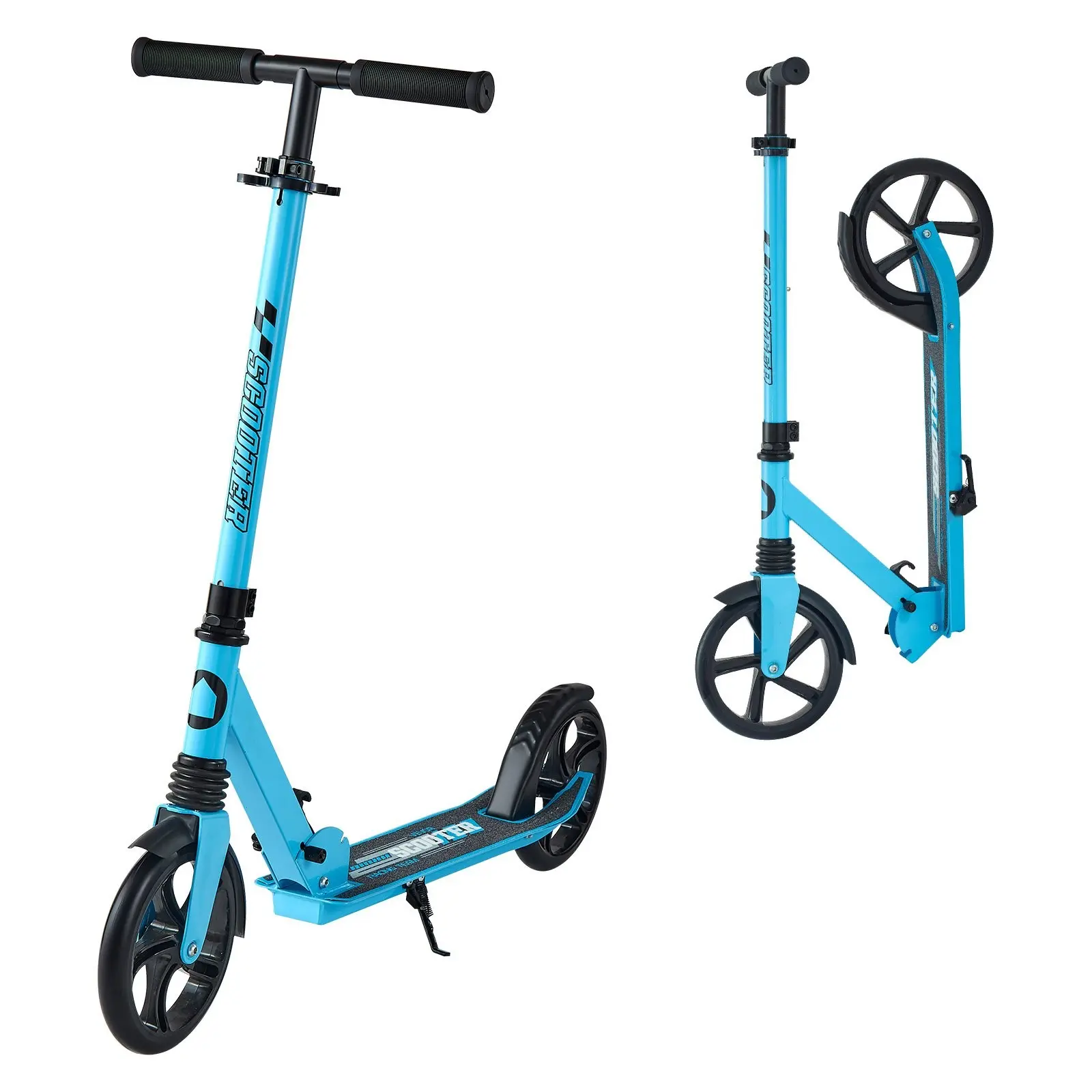 Kids Kick Scooter For Ages 8 And Up, Teens And Adults, 2-Wheel Foldable Scooter With Adjustable Height Handlebar, Wide Non-Slip Deck, Lightweight Design, Supports Up To 220 Lbs, Blue And Black