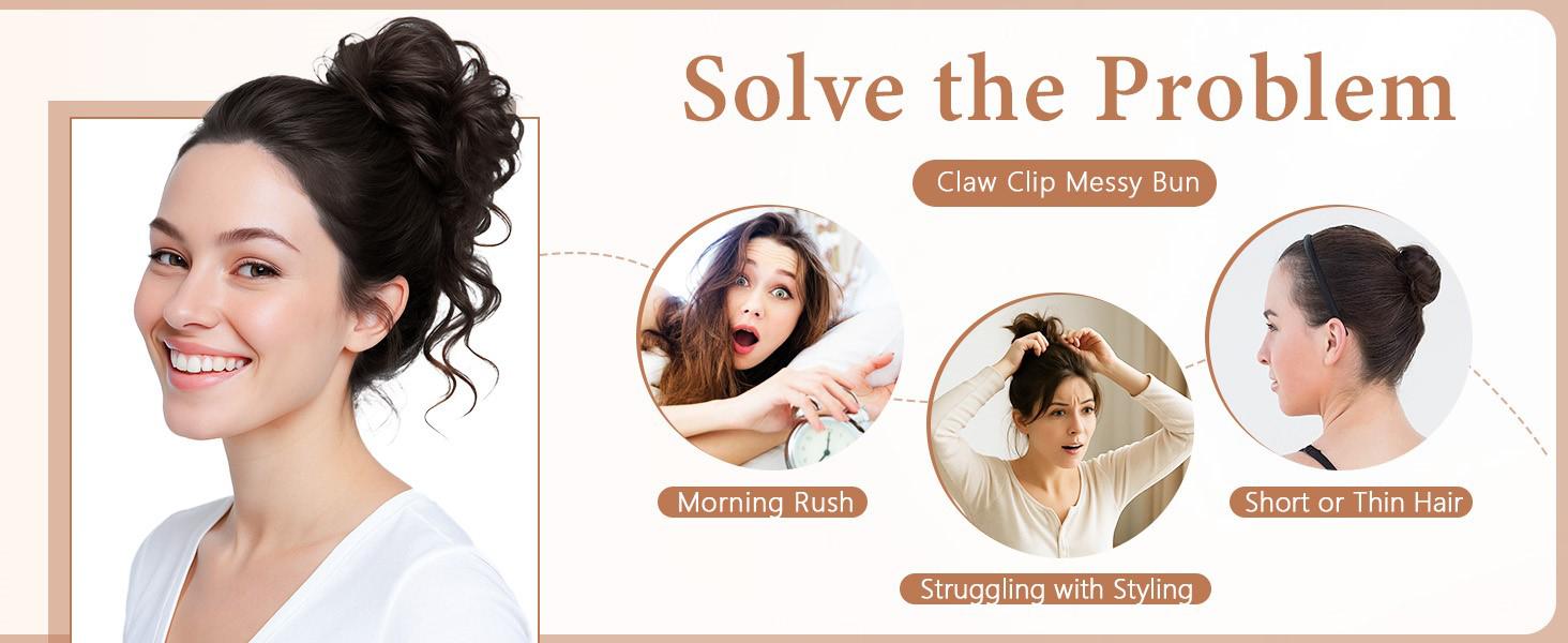 2PCS Messy Bun Hair Pieces Wavy Curly Synthetic Updo Chignon Fake Scrunchies Ponytail Extension for Women