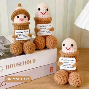 Funny Emotion Comfort Crochet Figure Plush Toy with Positive Energy Card, Humorous Gift for Boyfriend and Friends, Mini Knitted Desktop Ornament