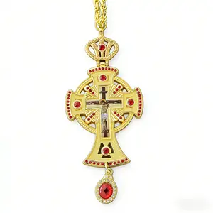 Orthodox Priest Cross Necklace, Gold Plated Pectoral Cross with Red Crystals, Large Christian Crucifix Pendant for Clergy and Religious Gifts