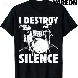 I Destroy Silence Drummer Graphic T-Shirt, Men's Cotton Crewneck Drum Set Tee for Music Lovers, Funny Percussion Gift for Drummers Casual Fabric Menswear Shortsleeve Soft Streetwear Top Day Tropical Tshirt Gym Breathable Classic