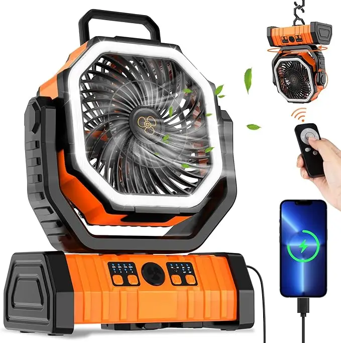NEW 20000mAh Camping Fan with LED Lantern, Rechargeable Battery Powered Oscillating Fan with Hook and Emergency Light, Portable Tent Fan with Timer, 4