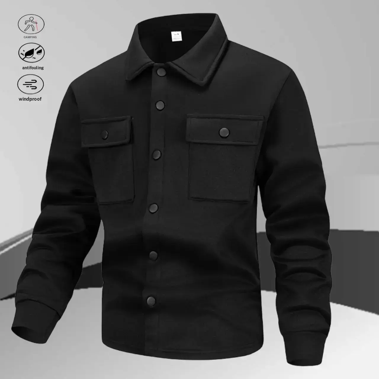 Men's Casual Lapel Shirt Jacket, Solid Polyester Menswear Featuring Meticulously Handled Button and Pocket Details, Fitted, Machine Washable, Collared Neck, Long Sleeve
