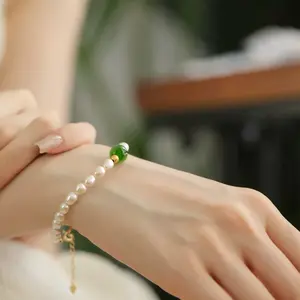 S925 silver plated with 18K bright gold natural pearl jasper round bead bracelet