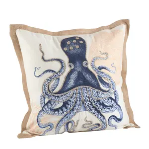 SARO  20 in. Square Octopus Print Cotton Down Filled Throw Pillow Navy Blue