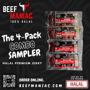 Halal Beef Jerky 4-Pack Combo Sampler by Beef Maniac | Natural Hardwood Smoked Premium Jerky Made in Michigan