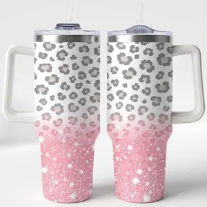 Pink Sequin Gradient Leopard Print 40oz Insulated Tumbler with Handle & Straw Lid, Stainless Steel Double Wall Vacuum Travel Cup