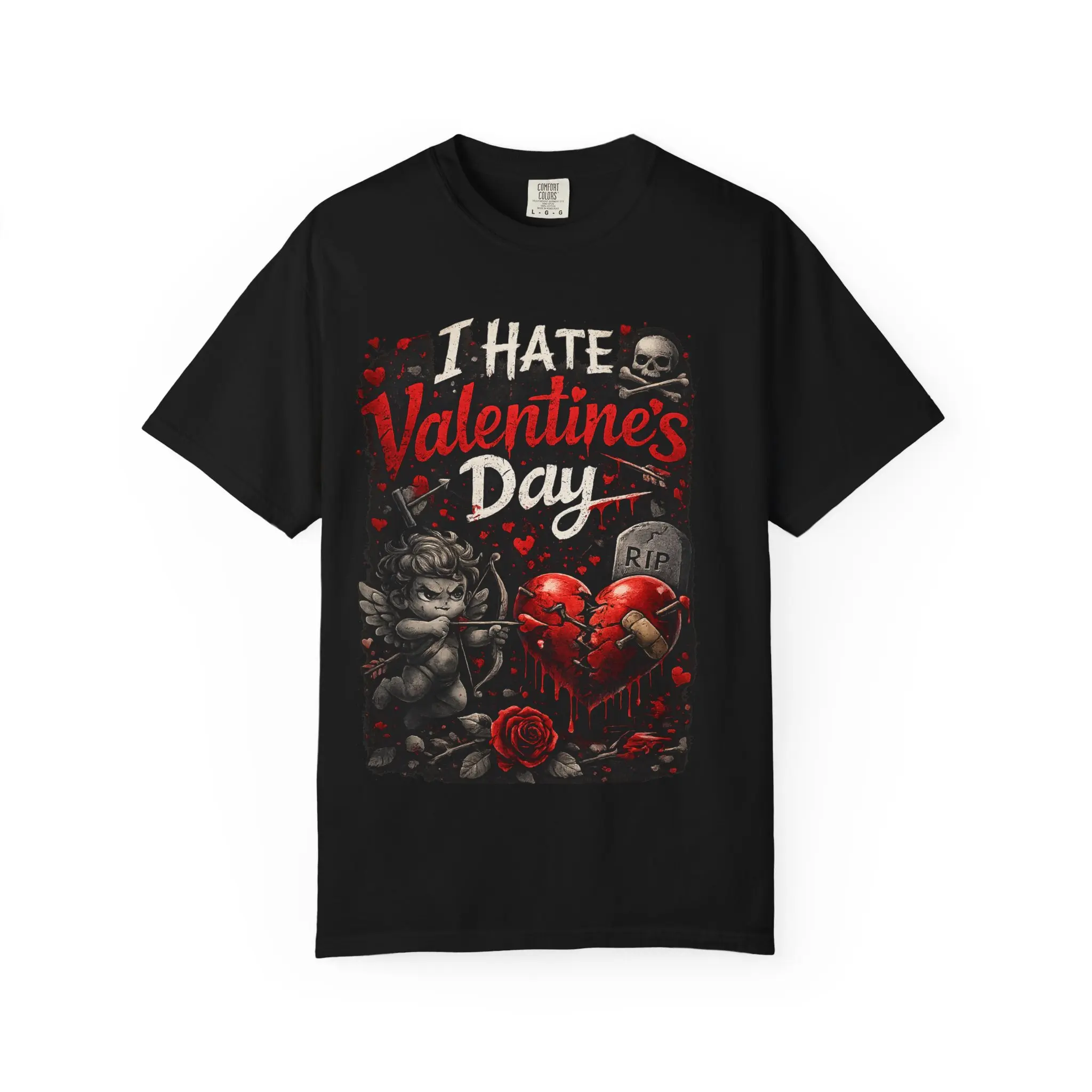 I Hate Valentine's Day T-shirt | Goth Cupid, Broken Heart Skull Design