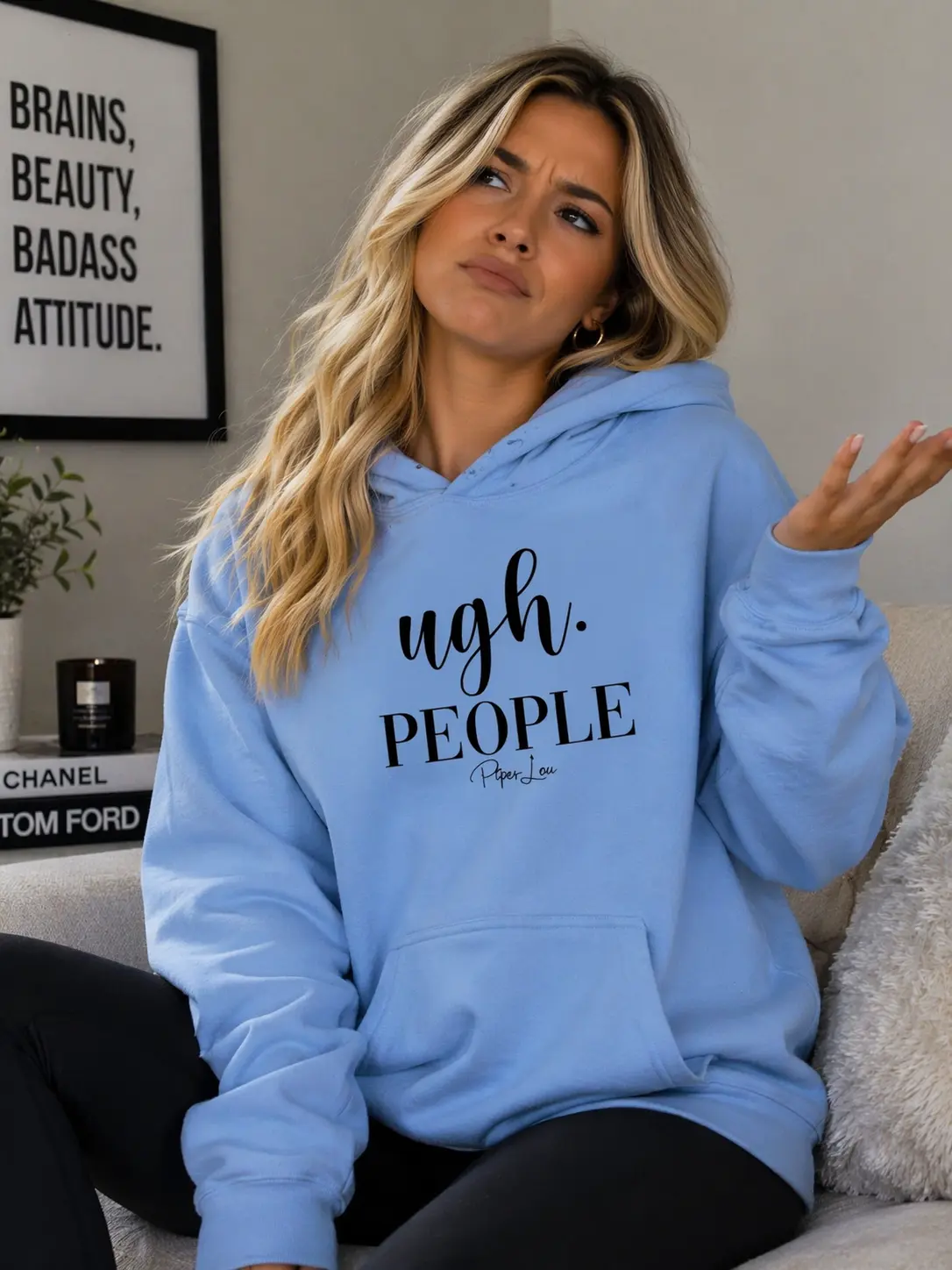 KIP Women's Polyester Hoodie, "Ugh People" Graphic Pullover Sweatshirt with Soft Feel and Pouch Pocket, Spandex