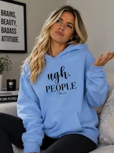 KIP Women's "Ugh People" Graphic Hoodie - Womenswear Pullover Sweatshirt Tops, 50% Cotton 50% Polyester Yarn, Soft Smooth Stylish, Double-Lined Hood, Front Pouch Pocket, Cozy for Cooler Evenings