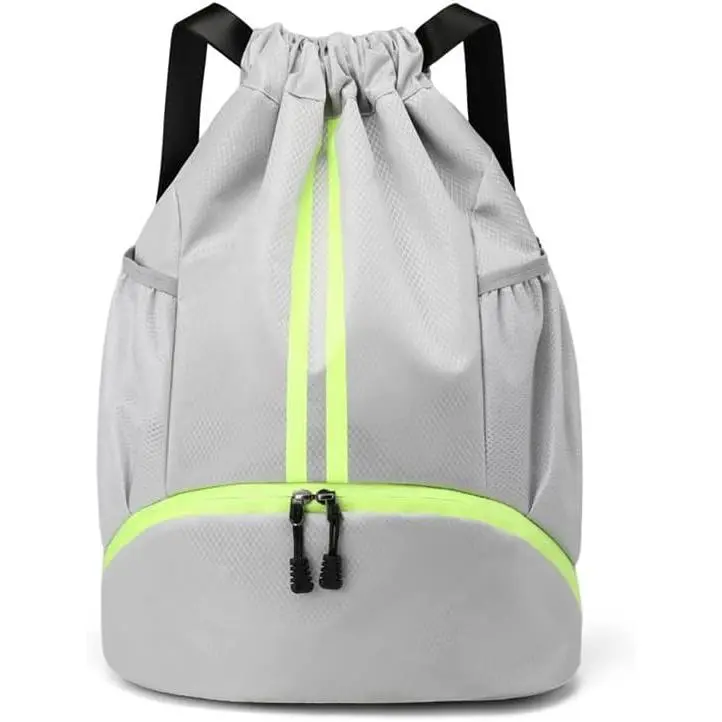 Drawstring Gym Bag for Men,  Drawstring Backpack for Women, Swim with Shoes Compartment, Pull String  Bag for Soccer and Basketball. (Grey)