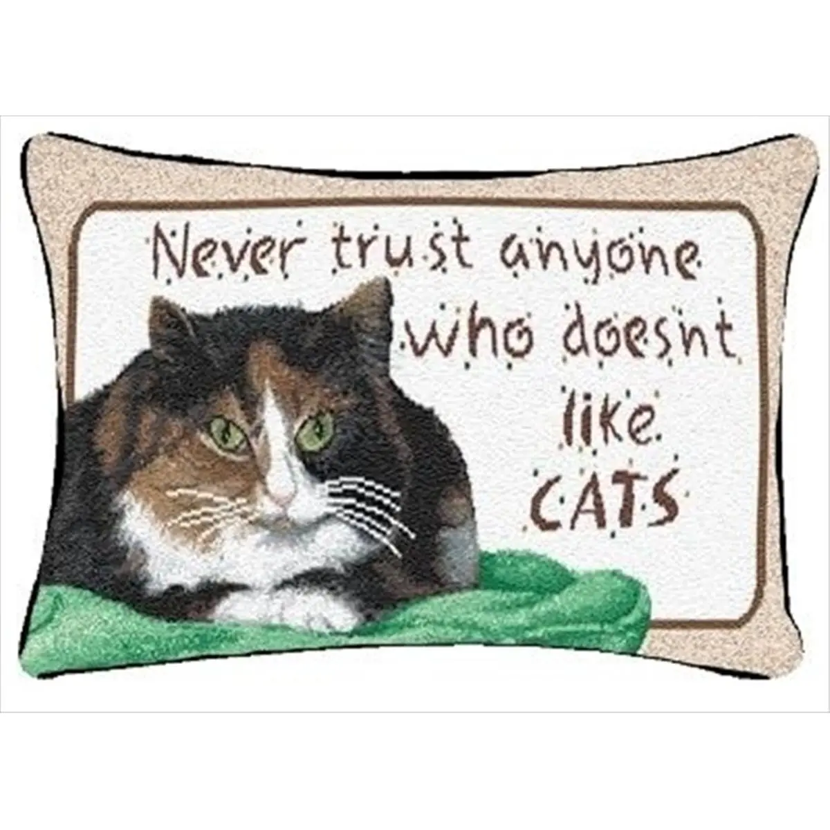 212 MAIN Rectangular Indoor-Outdoor Decorative Tapestry Pillow - "Never Trust Anyone Who Doesn't Like Cats" Design, Jacquard Weave, Manual Woodworkers and Weavers TWNTLC Style, 8.5x12.5in Poly Blend with Recycled Fill, for Outdoor Sofas, Indoor-Outdoor De