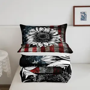 Retro American Flag Comforter,Black White Sunflower Luxury Bedding Set,Stars Red Blue Stripes Designer Comforter Set,Vintage USA Flag Down Comforter
