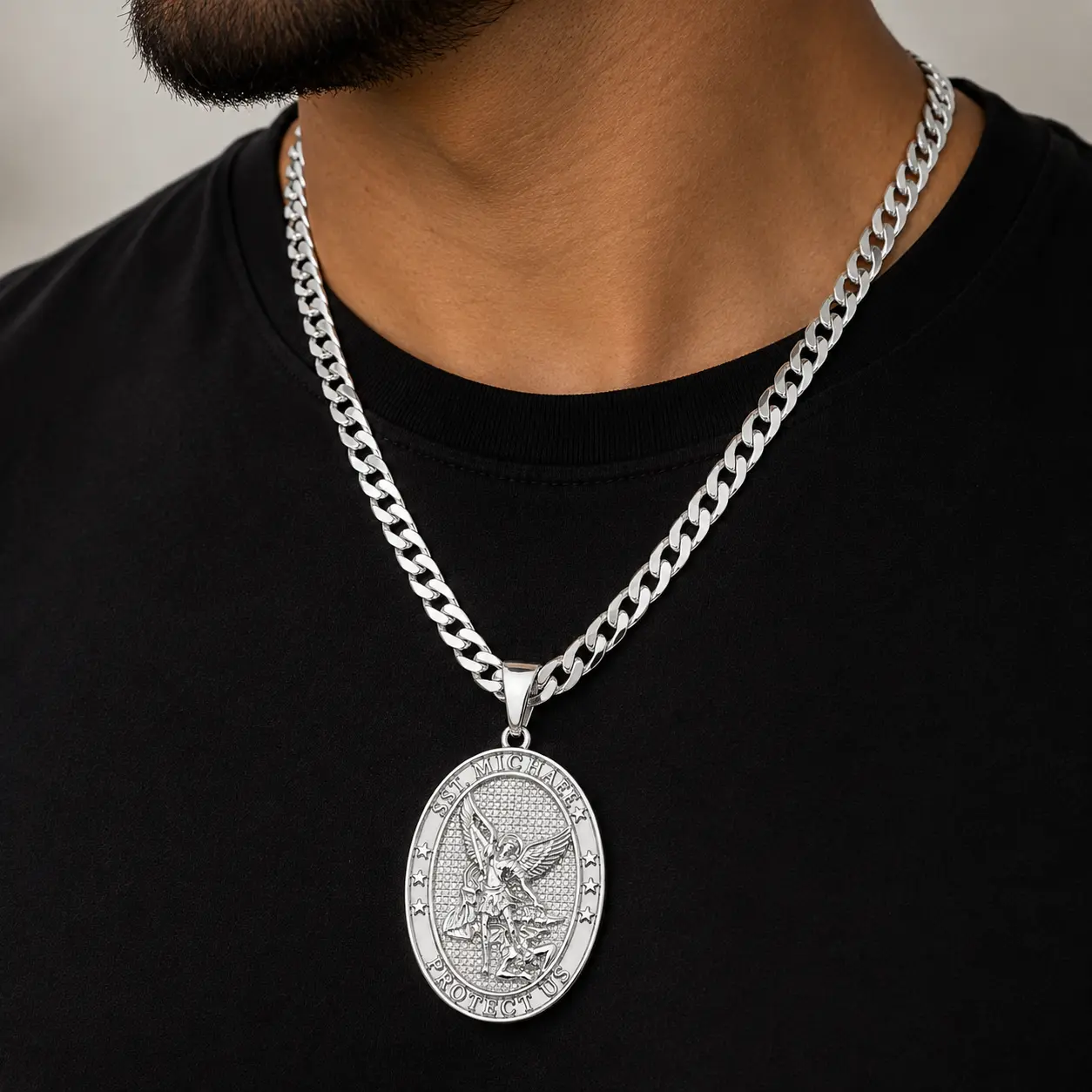 S925 St. Michael Protect Us Oval Pendant Necklace – 6MM Flat Cuban Chain, 24” –  925 Silver plated