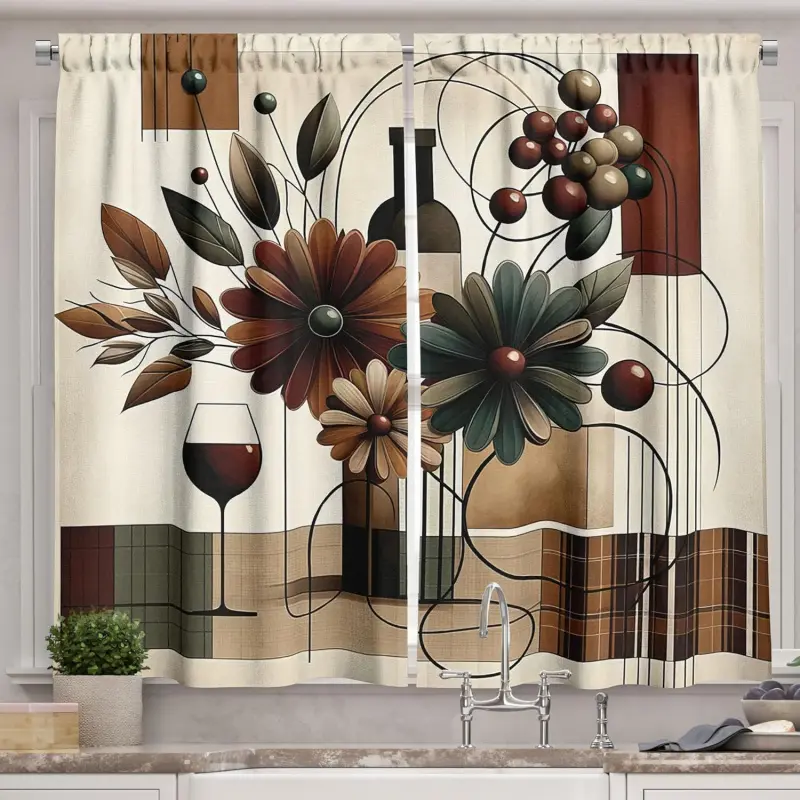[DearTex] Modern Abstract Floral Kitchen Curtains, 2 Panels Short Tier Curtains, Wine Glass & Bottle Print Farmhouse Window Drapes for Kitchen Cafe Bathroom, Brown Green Beige, Measuring 28" X 40", Suitable for Any Room, Especially The Kitchen