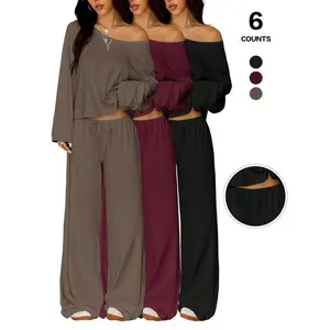 Women's two-piece casual suit, off shoulder long sleeved top, drawstring wide leg pants, casual sportswear, suitable for all seasonsRAIMENTRY
