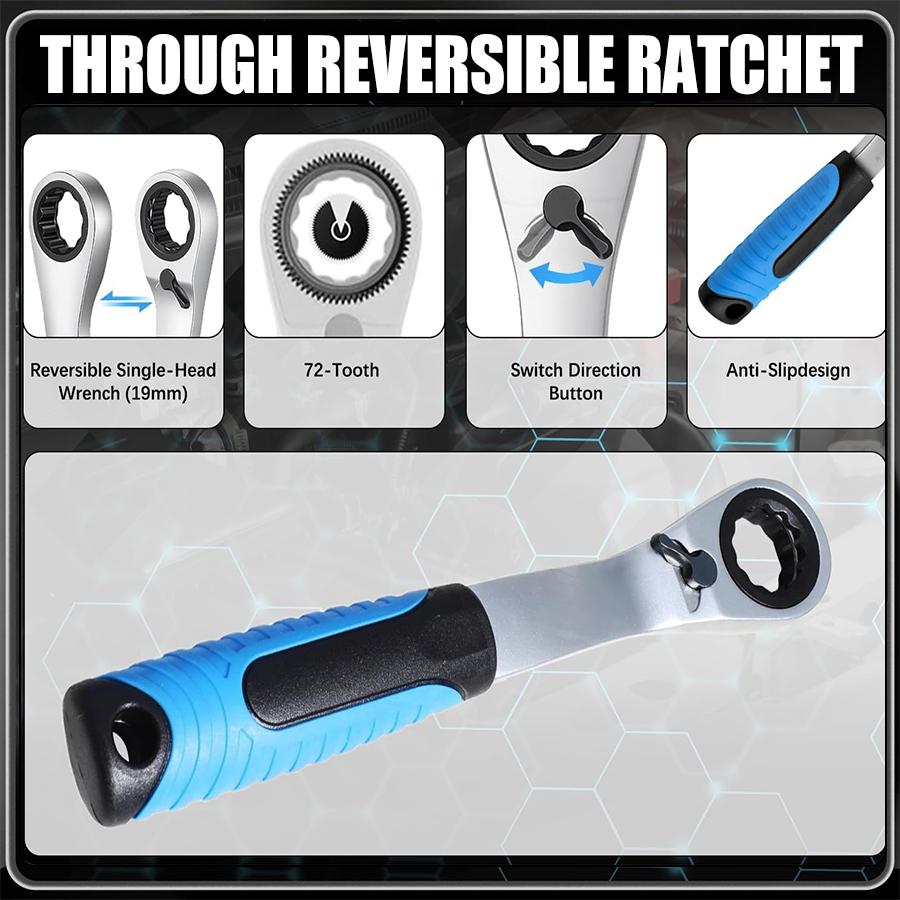 17-Piece Pass-Through Socket Set, 10-24mm Metric, with 3/8" & 1/2" Square Drive Adapters, Low Profile Hollow Ratchet for Long Studs, CR-V Steel Automotive & Mechanical Repair Kit with Case