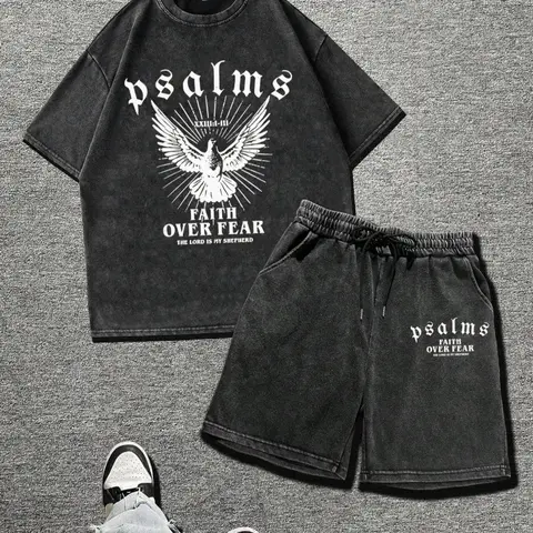 Men's Letter & Graphic Print Short Sleeve Tee & Shorts Two-piece Set, Round Neck T-shirt & Track Shorts, Casual Breathable Men for All Seasons, Cotton, Menswear, Streetwear Set, Casual Clothing Set