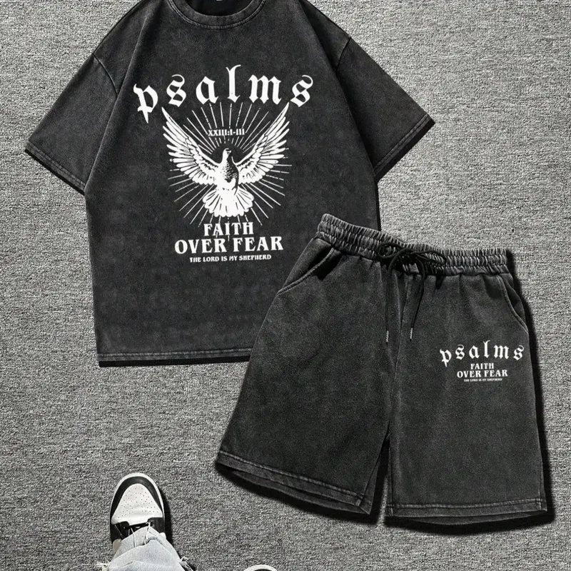 Men's Letter & Graphic Print Short Sleeve Tee & Shorts Two-piece Set, Round Neck T-shirt & Track Shorts, Casual Breathable Men for All Seasons, Cotton, Menswear, Streetwear Set, Casual Clothing Set