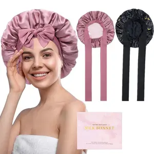 100% Mulberry Silk Bonnets for Sleeping Women Double Layer Hair Bonnet Natural Silk Cap with Elastic Tie Band Reversible Nightcap Gifts for Female