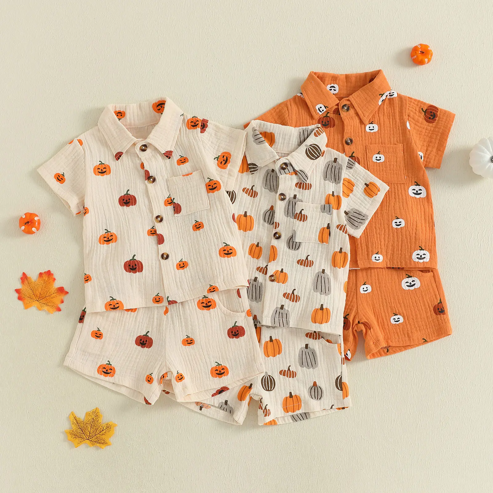 Toddler Baby Boys Halloween Outfits Pumpkin Print Button Short Sleeves T-Shirt and Elastic Shorts Set