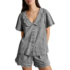 Womens Gingham Pajama Set 2 Piece Scalloped Edge Plaid Babydoll Pjs Short Sleeve Cotton Sleepwear Lounge Set