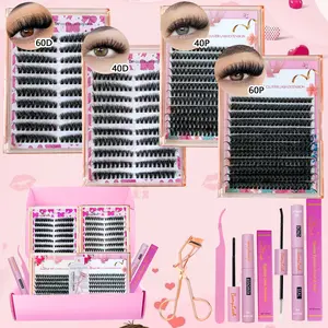 4 boxes Synthetic Cluster Eyelash Extension Gift Box Kit, D Curl Mixed 4 Different Fluffy Styles and Length,8-16mm 3D Volume Wispy DIY Cluster Lashes Cat Eye Individual Extension Kit for Make Up and Gift