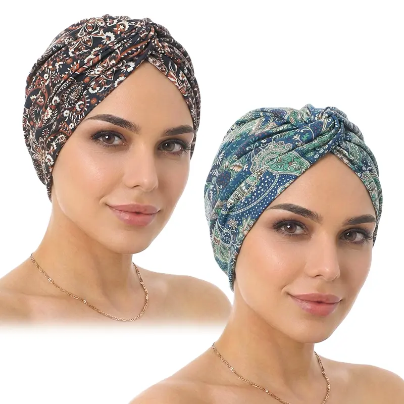 2PCS/LOT Women Cashew flower Printed Cross Twist Turban Cap Bonnet Headband African Head Wraps