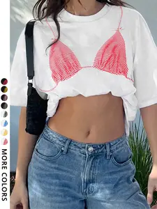 Women's Casual Beach Vacation Style, Multiple Colors Available, Bikini Pattern Print, Loose Fit Round Neck Short Sleeve T-Shirt Womenswear