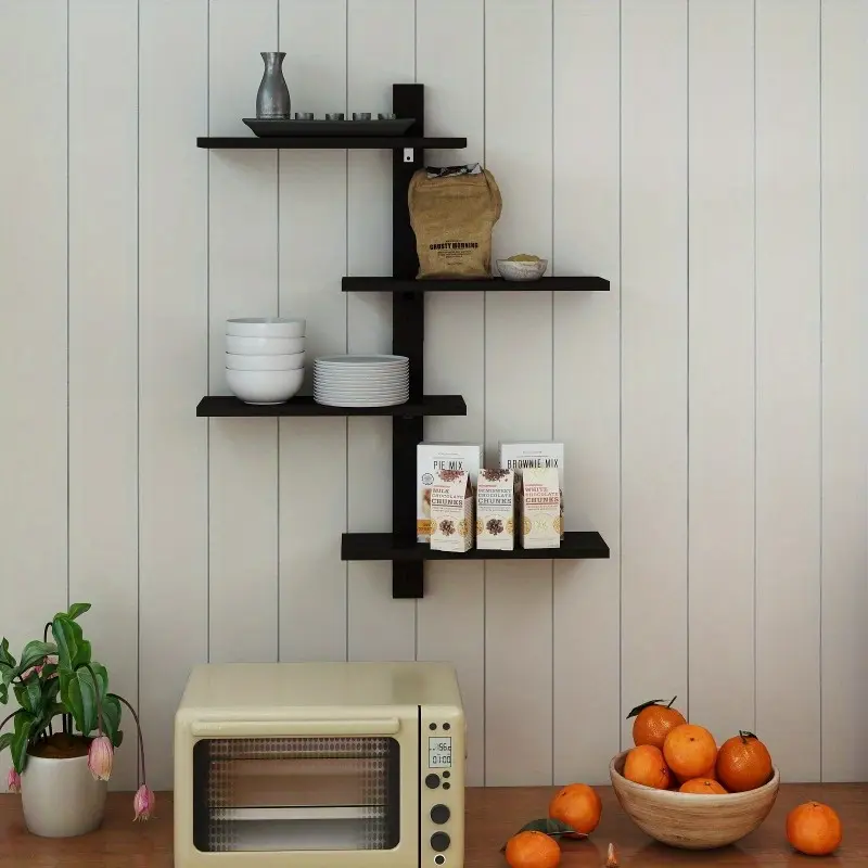 Black Solid Hardwood Floating Wall Shelf - Wall Mount Multifunctional Home Decor, Kitchen Decoration - Bathroom/Bedroom Bowl Storage Accessory (Home Supplies, Hooks & Shelves Category)
