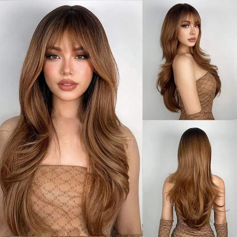 [CUIUD] Wear and Go Glueless Wigs 24 Inch Layered wigs with Bangs for Beginners,Heat-Resistant Synthetic Fiber Artificial Wig for Daily Use & Cosplay Party Wig Scrunchie Hair Accessory
