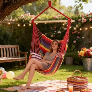 Hammock Chair Hanging Rope Swing Cotton Canvas For Superior Comfort & Durability 2 Cushions Included Seat Indoor Outdoor Sturdy Weave Max 300lbs Perfect Home Bedroom Patio Yard (Blue Bar)Fashion Accessories Clothing Fabrics Canvas
