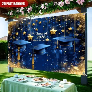 2D Flat - A Single Piece of 2D Flat Banner for Graduation Season Featuring a Deep Blue Backdrop Adorned with Star Motifs, Graduation Caps, And Golden Ribbons, Symbolizing Joy And Future Aspirations. It'S Perfect for Decorating Rooms