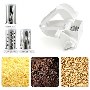 Four-piece set includes all accessories, three-in-one multi-functional convenient manual rotary cheese and vegetable potato grater - one contains 3 interchangeable grater rollers, multi-functional kitchen utensils, and meal preparation tools