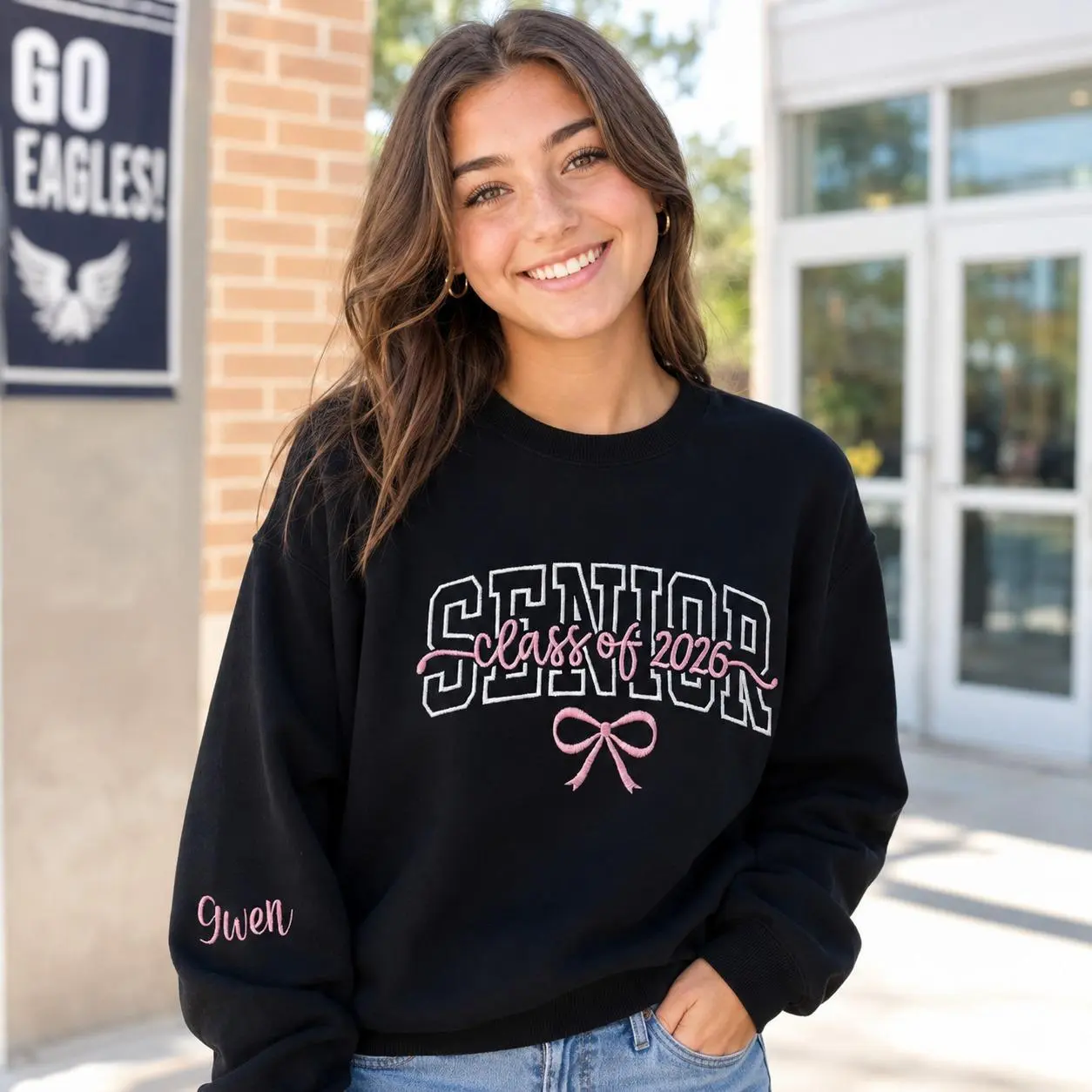 [Made in US] Embroidered Senior 2026 Sweater Senior Bow Sweater Senior Crewneck Graduation Sweater Personalized Sleeve Sweater Grad 2026 Shirt